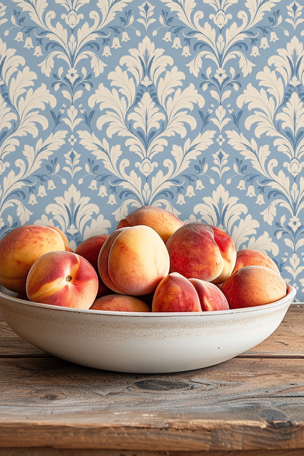 Wallpaper detail showcasing flowing leafy scrolls and delicate bellflower shapes.
