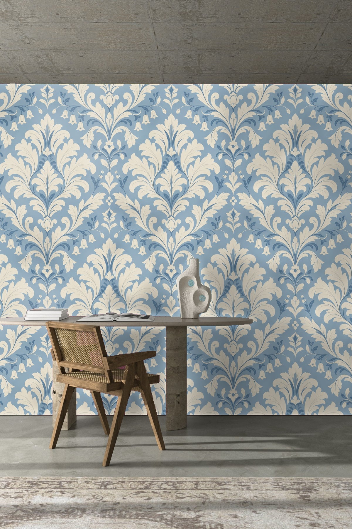 Calm atmosphere created by damask wallpaper in a softly lit interior.