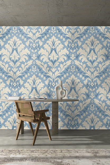Calm atmosphere created by damask wallpaper in a softly lit interior.