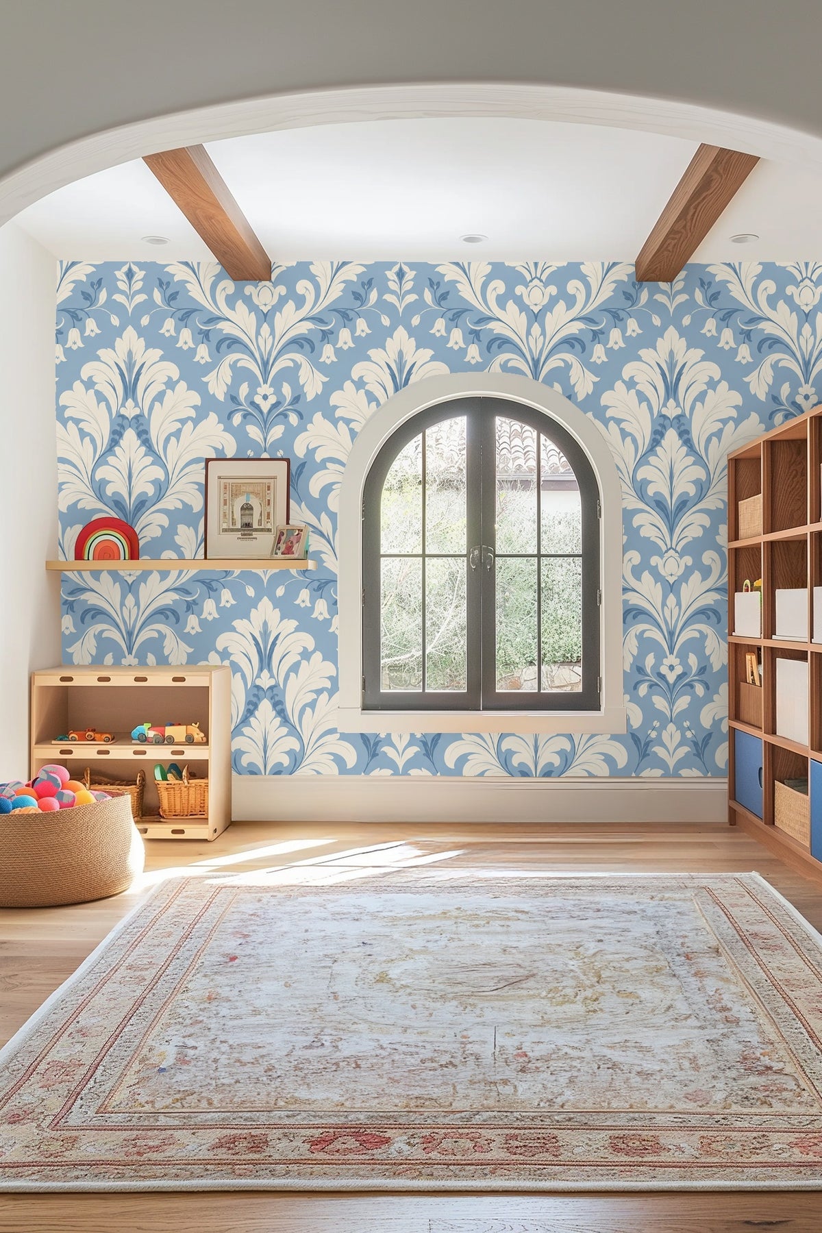 Close detail of damask wallpaper with emphasized brushstroke line quality.