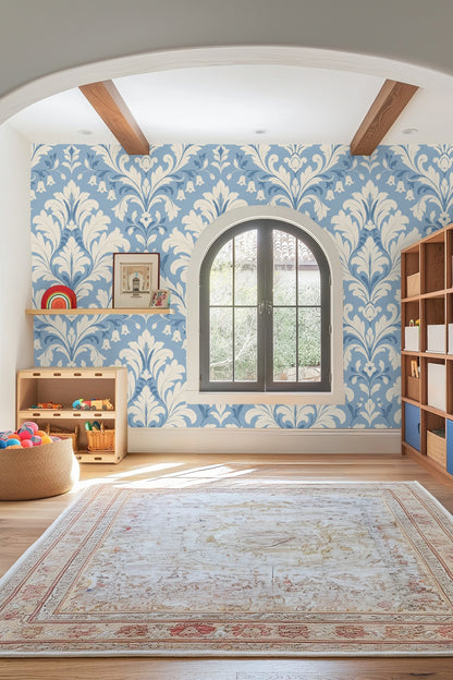 Close detail of damask wallpaper with emphasized brushstroke line quality.