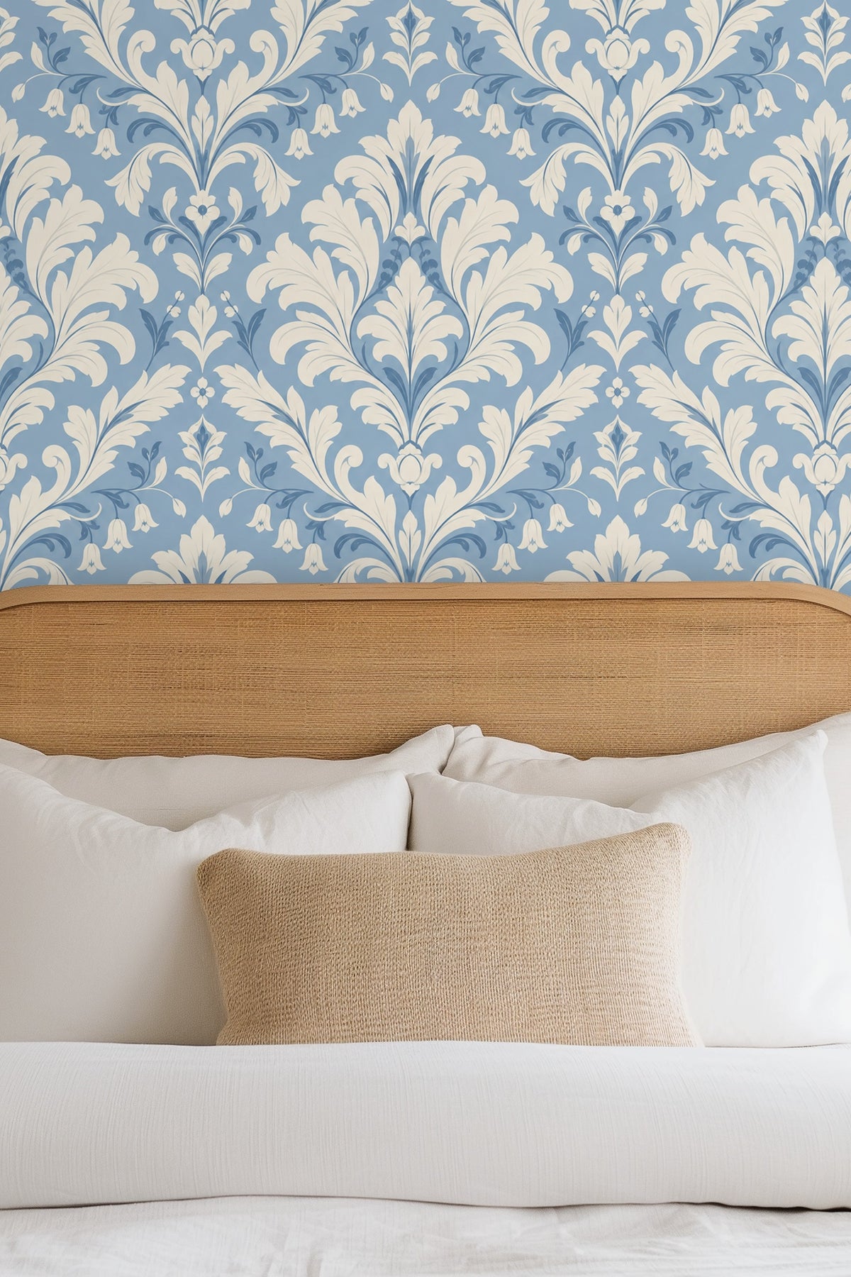Decorative floral damask wallpaper enhancing a cozy seating niche.