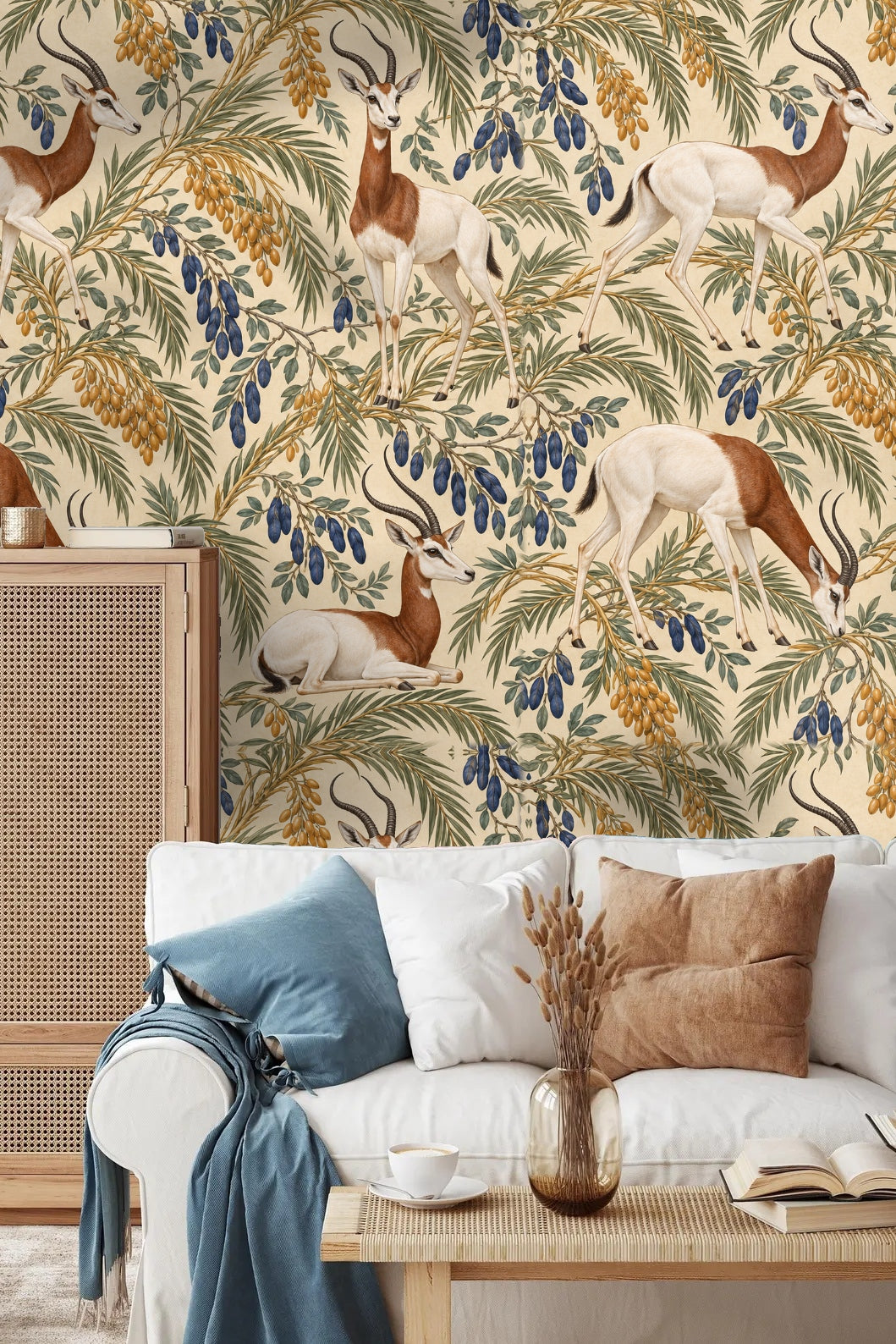 Pattern detail showing four gazelles among golden and indigo date palm branches.