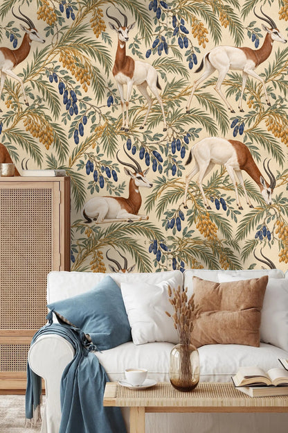 Pattern detail showing four gazelles among golden and indigo date palm branches.