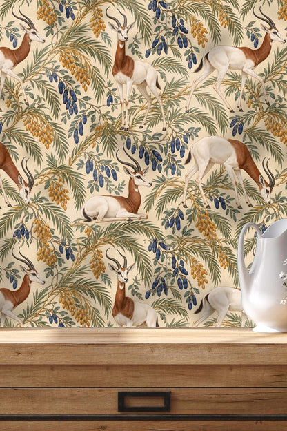 Natural light illuminates the soft ivory background of the wallpaper.