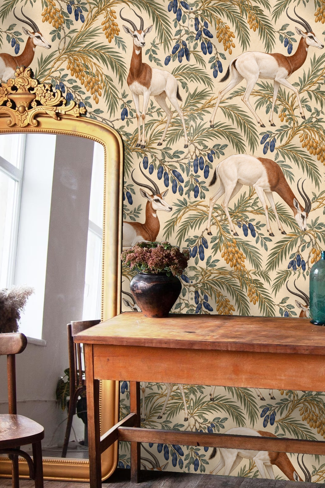 Wall detail emphasizing watercolor texture and line work in botanical leaves.
