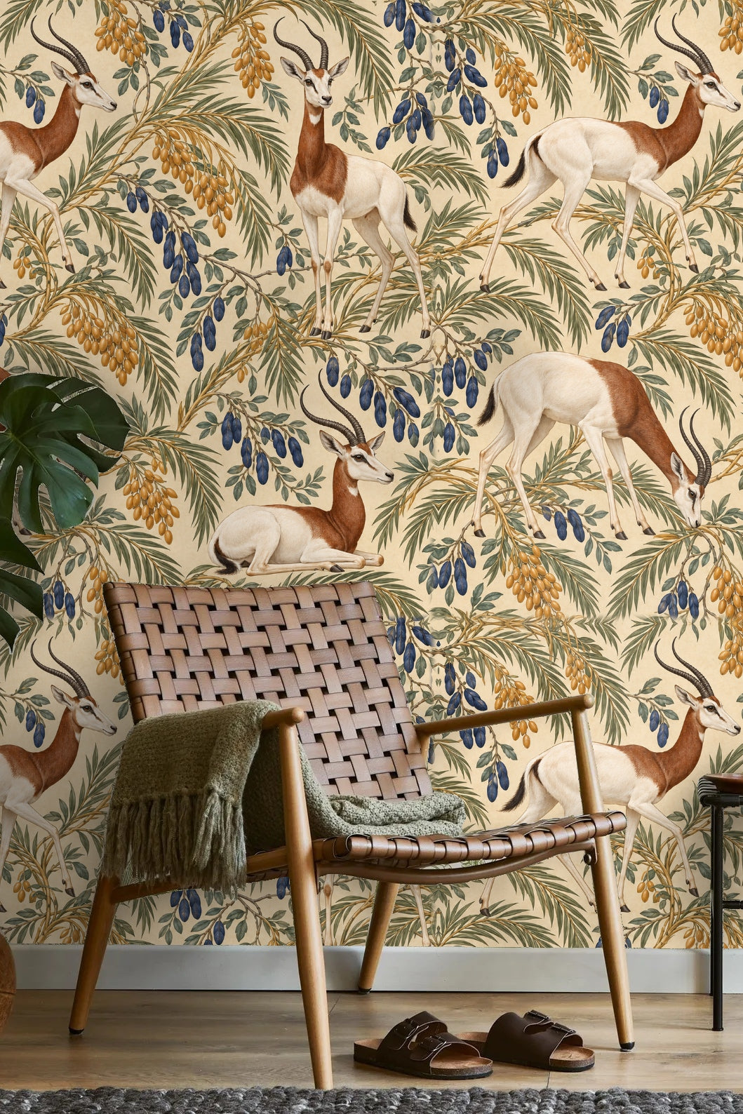 Wallpaper pattern repeat showing full gazelle figures and overlapping palm fronds.