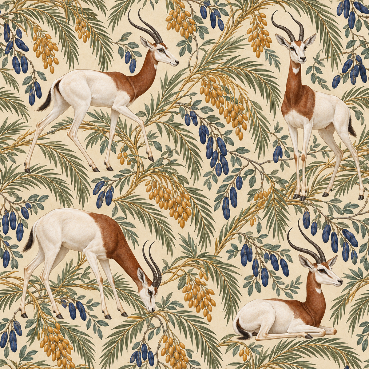 Full pattern view highlighting gazelle and date palm composition on neutral ground.