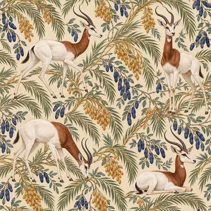 Full pattern view highlighting gazelle and date palm composition on neutral ground.