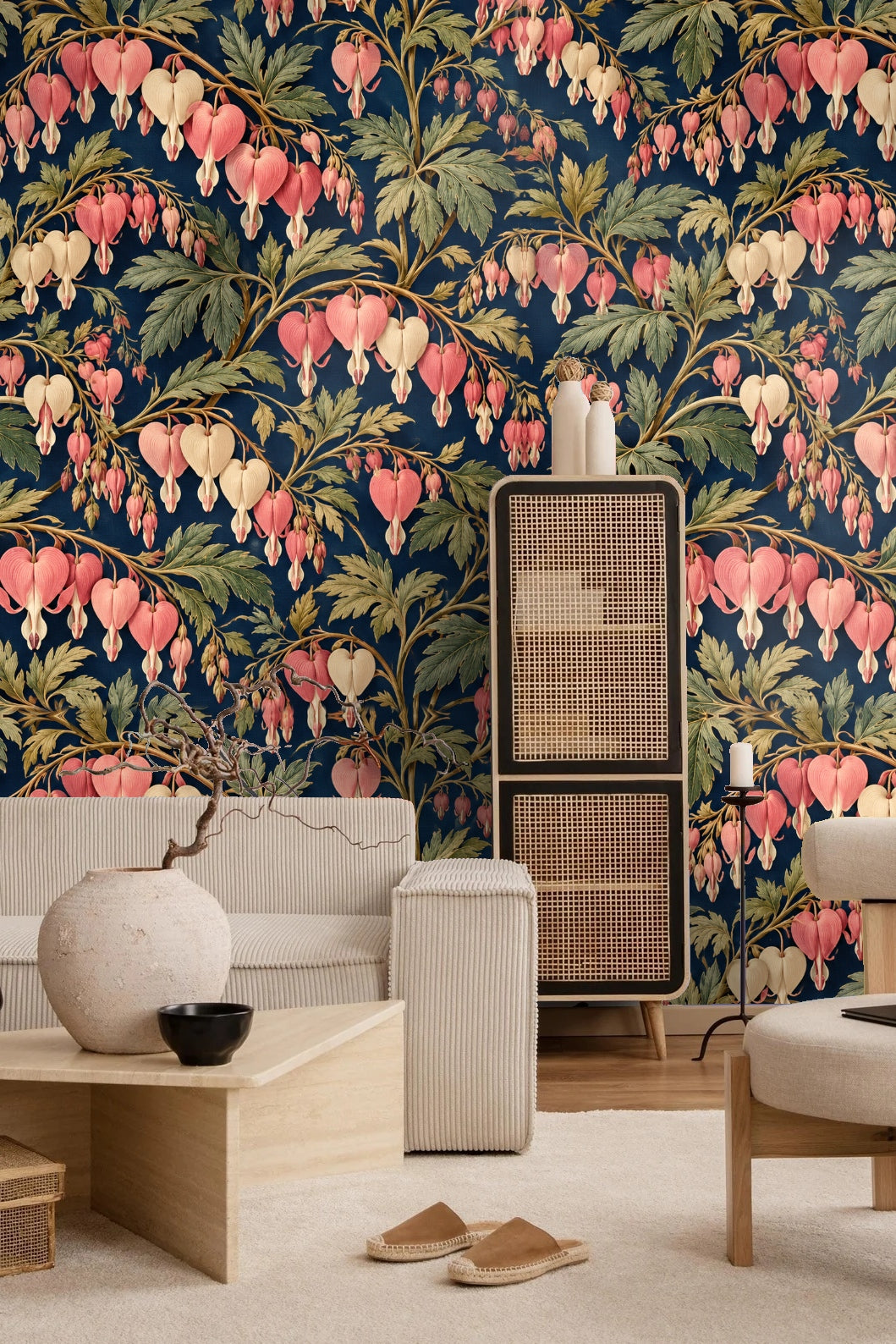 Wallpaper detail showing line quality and leaf veining in dicentra pattern