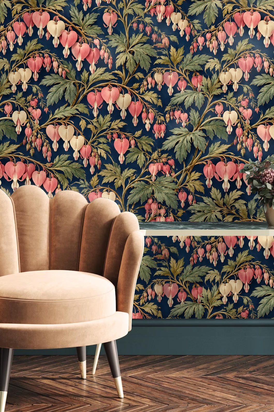 Wallpaper featuring coral and cream dicentra flowers with green leaves on navy background