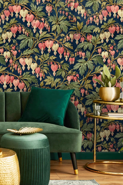 Partial wall view with dicentra wallpaper and blue-green baseboard trim