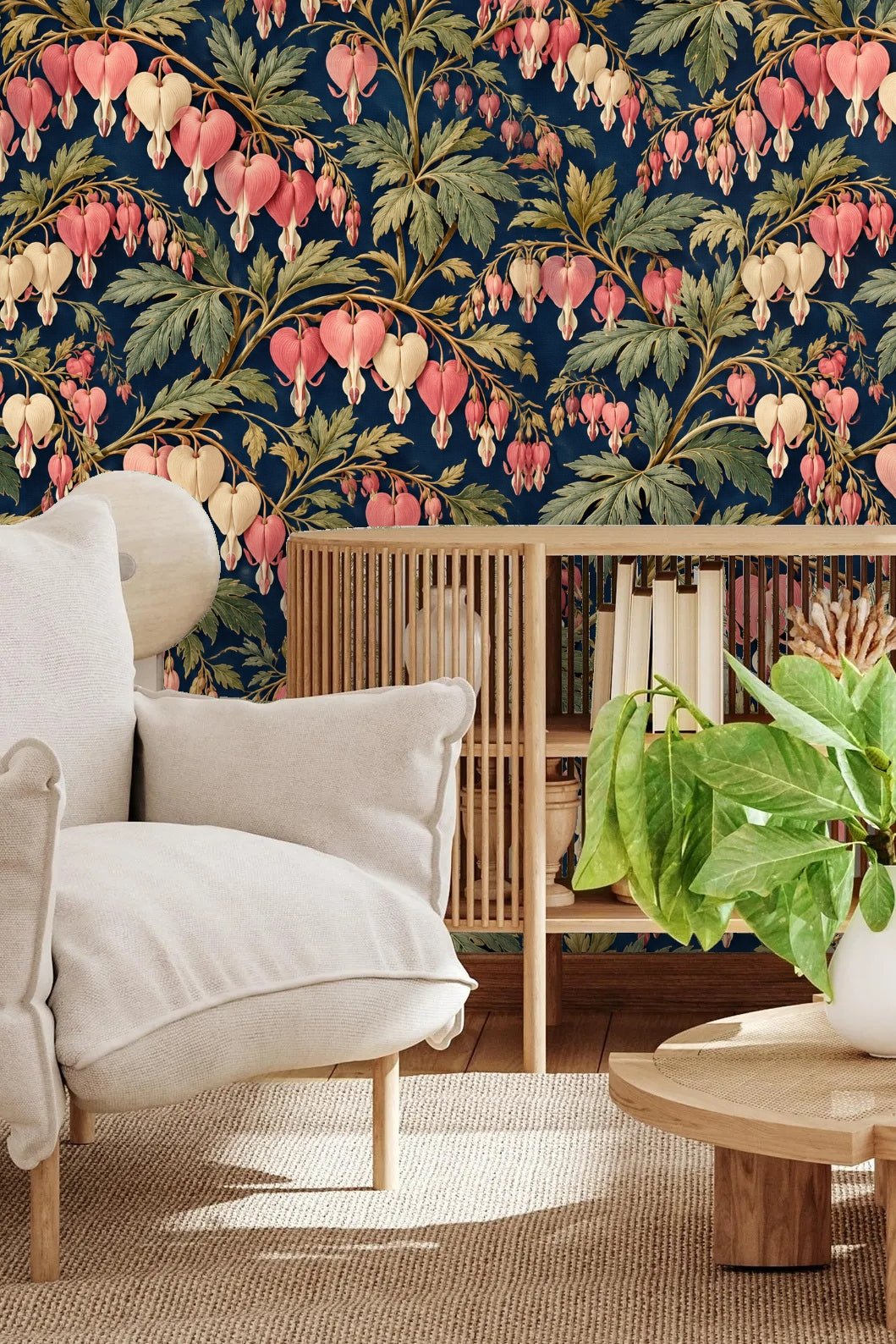 Armchair in blush velvet positioned before dicentra wallpaper