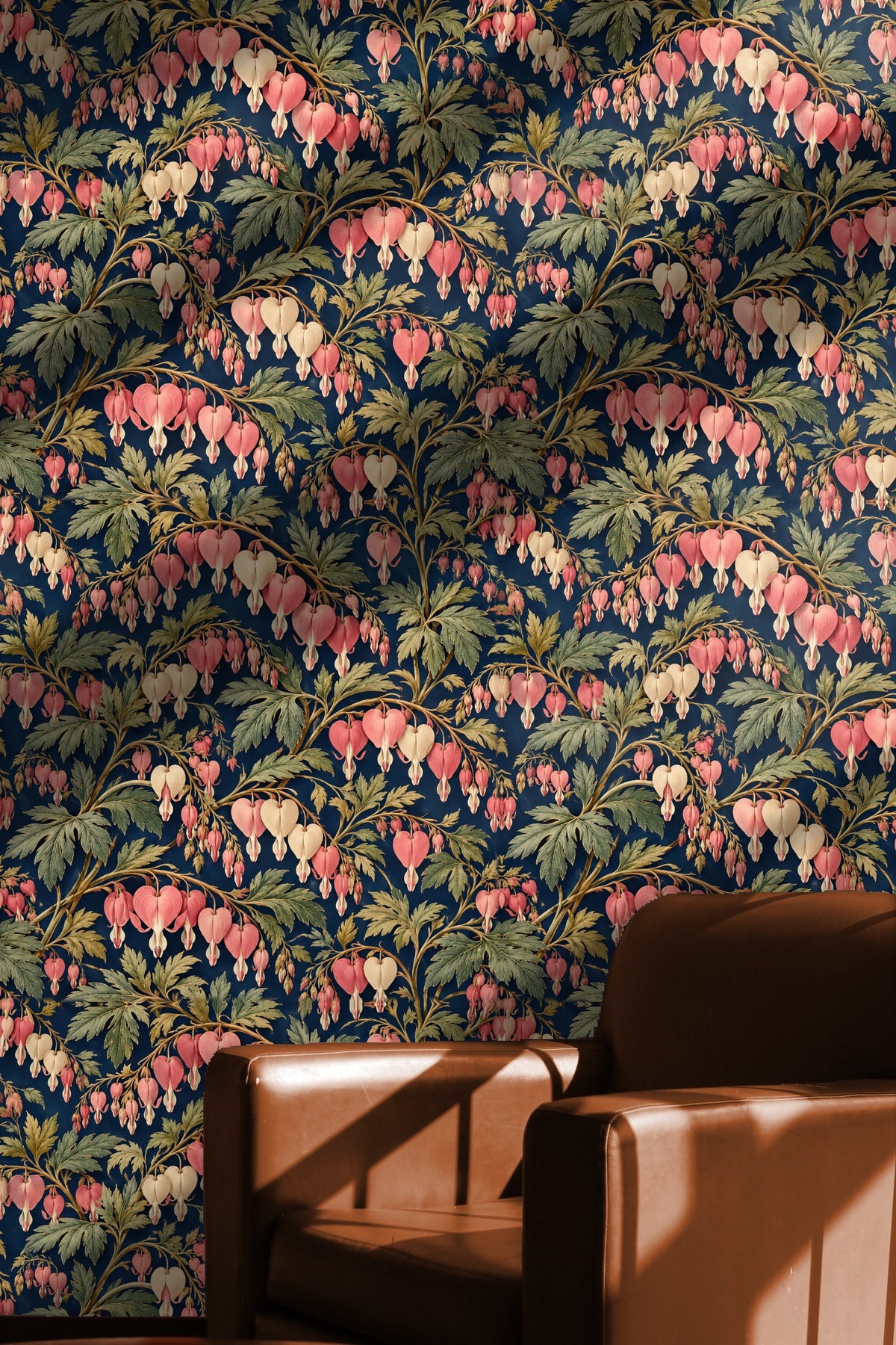 Dicentra floral wallpaper next to dark wood flooring