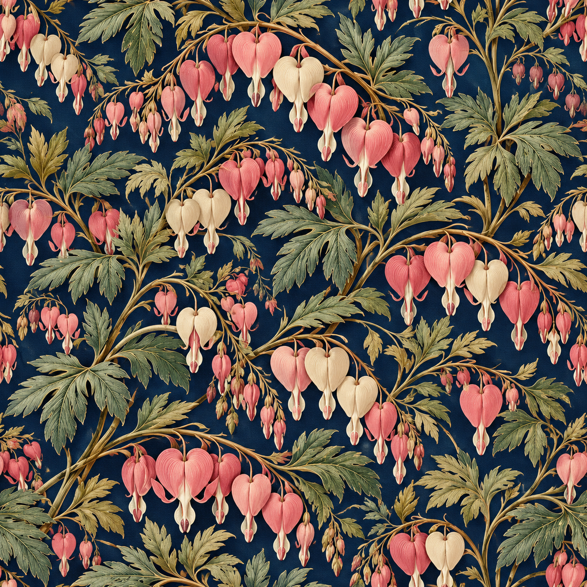 Coral and cream flower buds with delicate green leaves on navy background