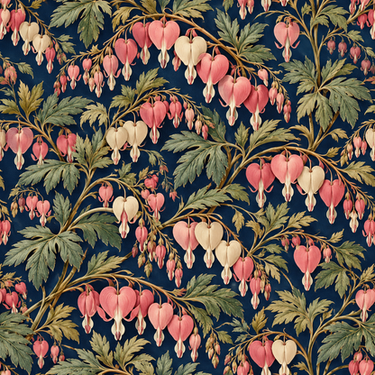 Coral and cream flower buds with delicate green leaves on navy background