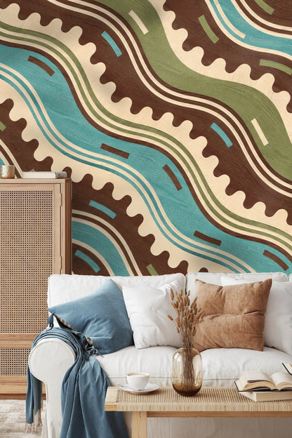 Living room featuring Crenellation Current wallpaper behind a white sectional sofa and natural wood coffee table