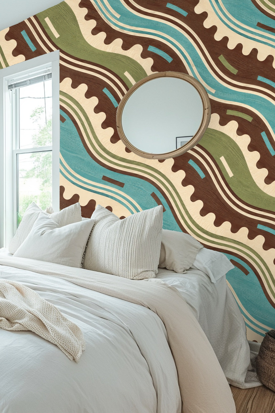 Boho style living room with burnt orange sofa and Crenellation Current wallpaper creating a vibrant accent wall