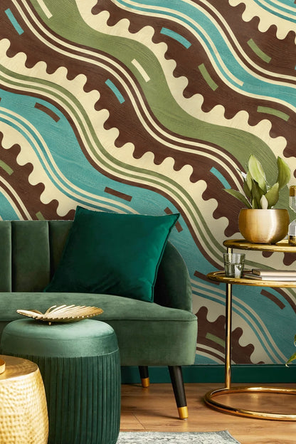 Soft daylight illuminating the wallpaper’s earthy palette in a living space