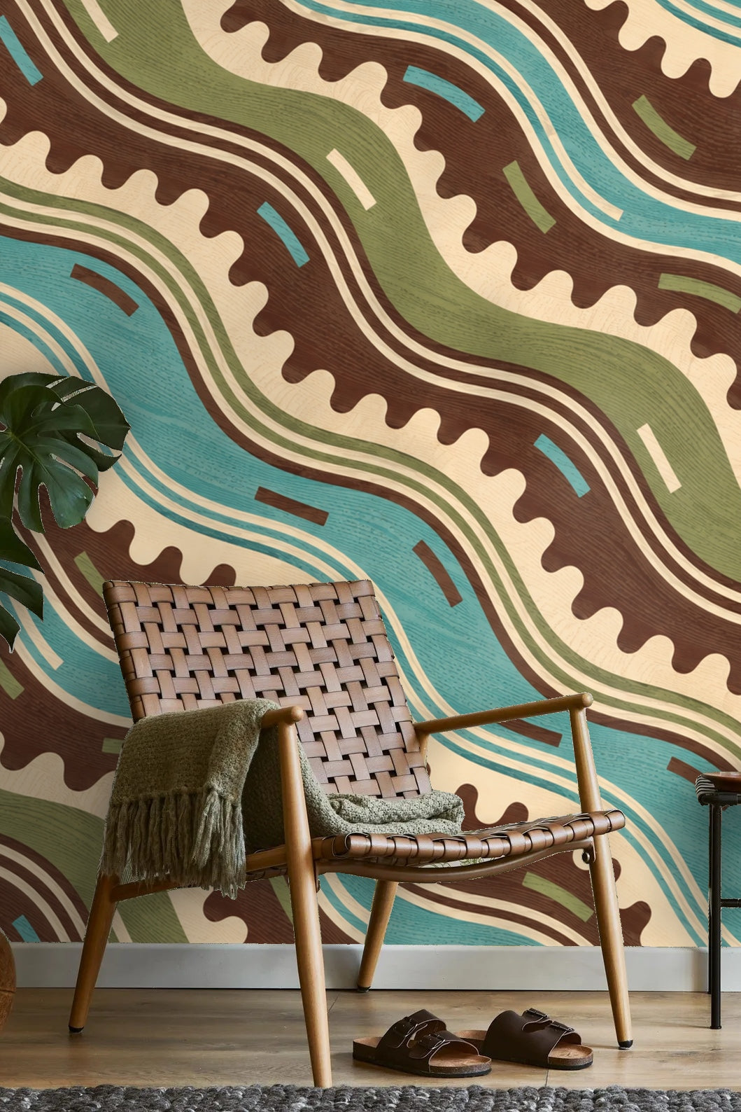 Detail of crenellated wave edges in deep brown on the wallpaper