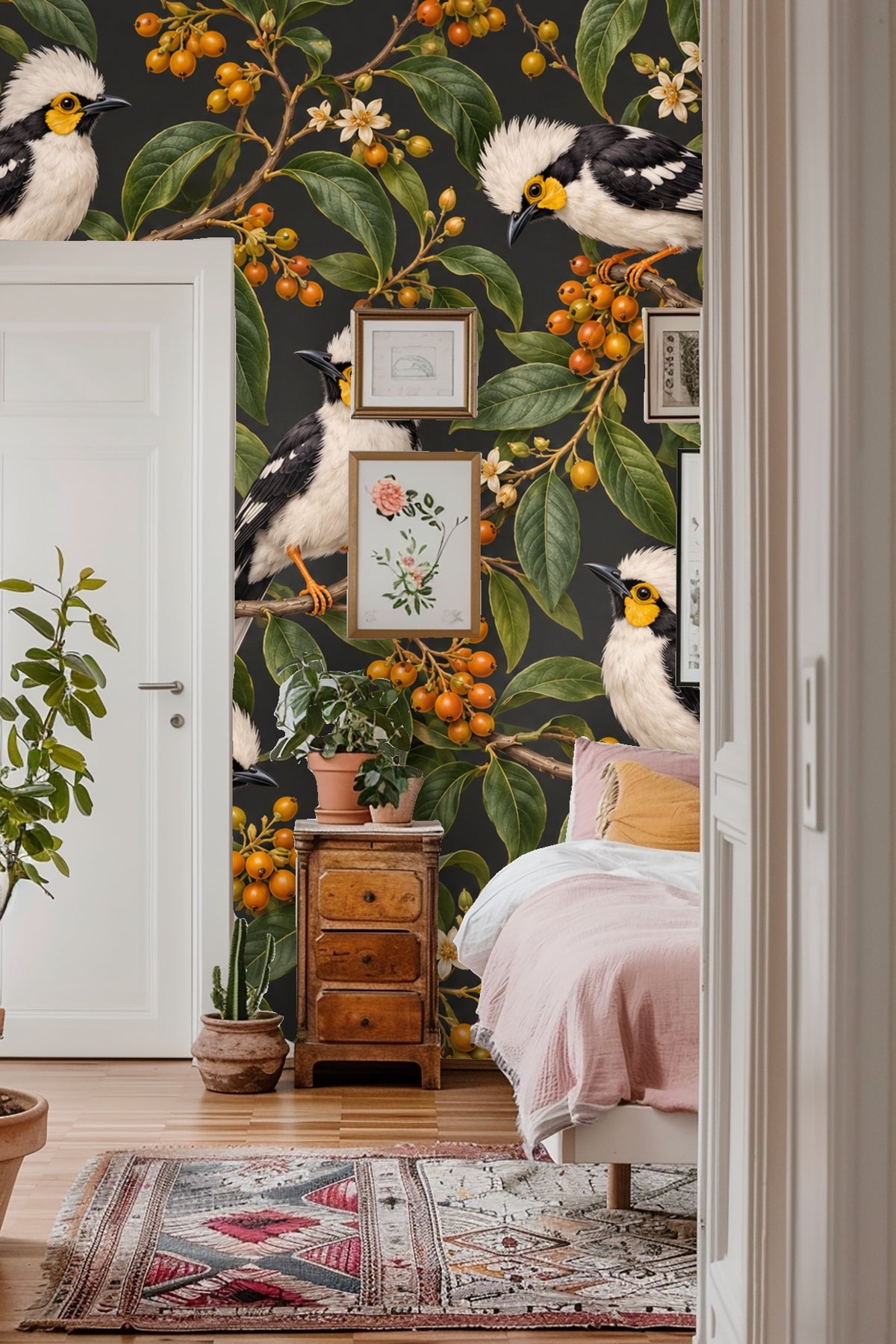 Detailed Leaves and Flowers Mixed with Orange Berries on Wallpaper
