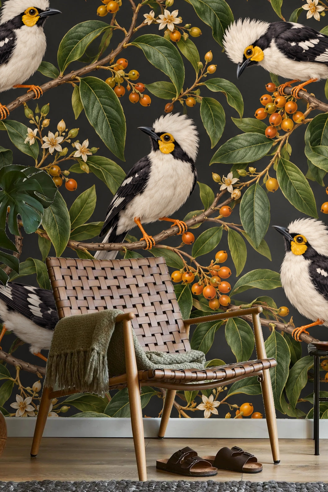 Wallpaper Section Highlighting White Blossoms and Dark Leaves