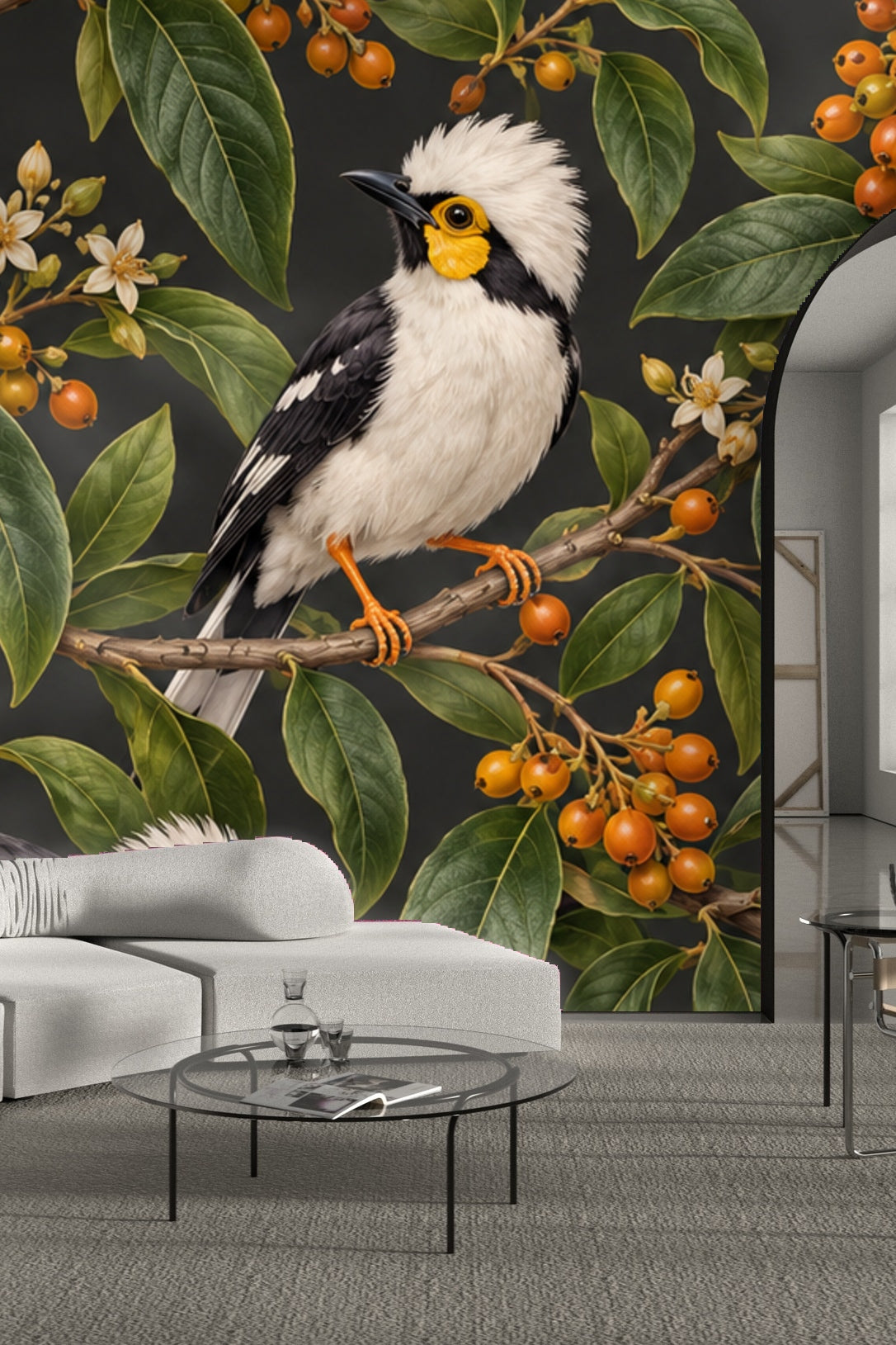 Bedroom Wall Featuring Helmetshrike Wallpaper Behind Peach Velvet Headboard