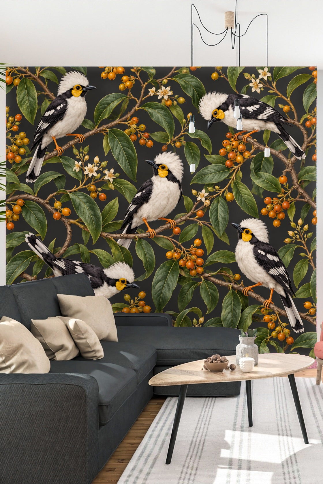 Cluster of Helmetshrike Birds with Fluffy White Crests on Wallpaper
