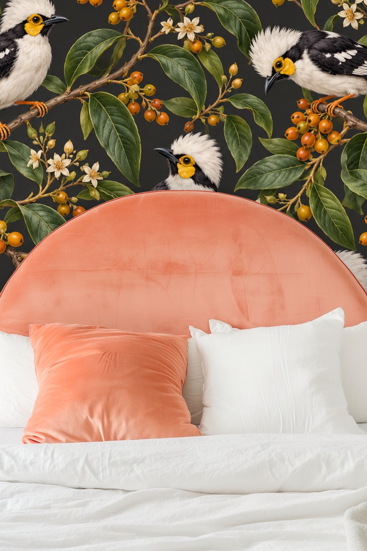 Detailed Wallpaper Artwork Showing Helmetshrike Birds and Orange Berries on Dark Background