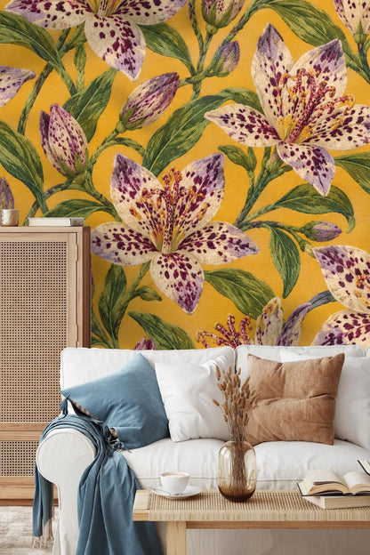 Large scale bloom of spotted lily flower in botanical illustration style on wallpaper