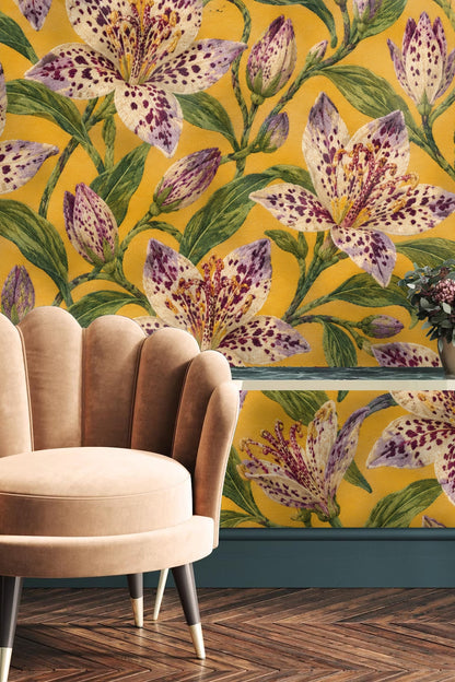 Detail of intertwined green stems and leaves in floral wallpaper design