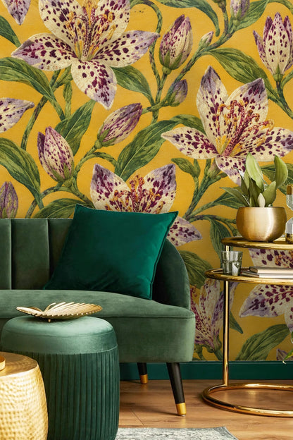Interior shot showing wallpaper’s bold floral statement creating a warm backdrop