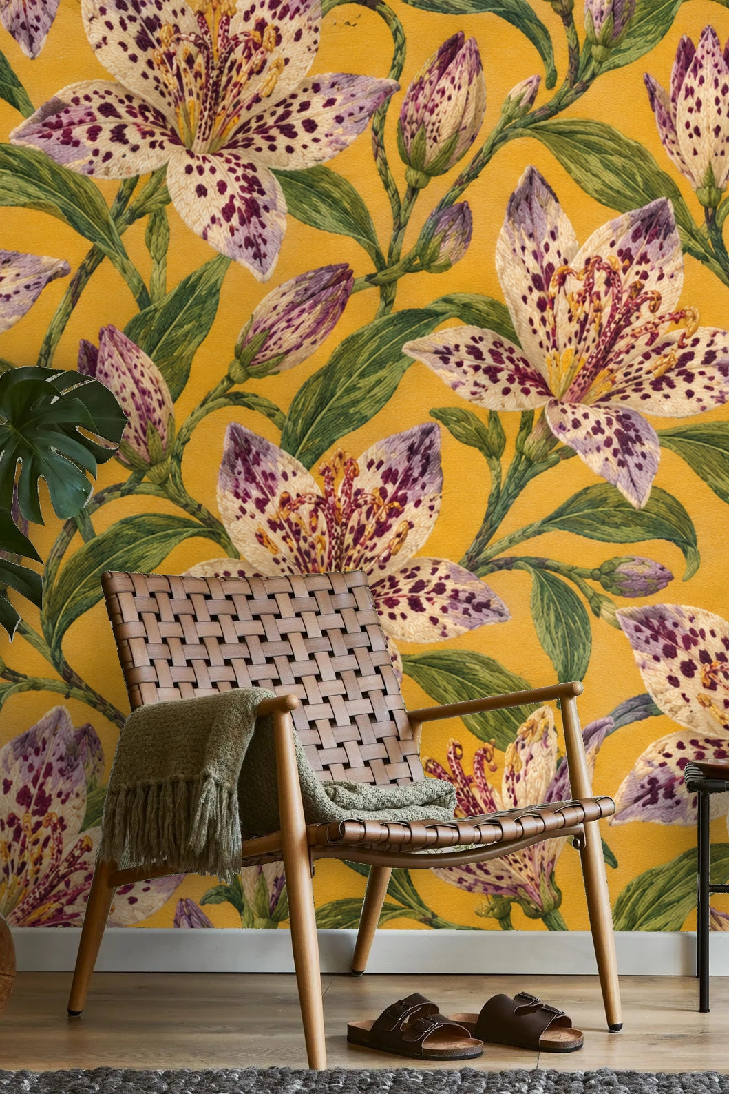 Close-up of unopened flower buds showing naturalistic shading and detail in wallpaper art