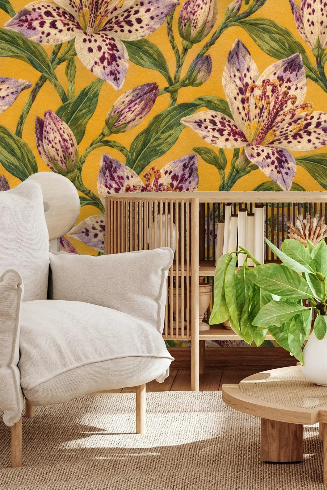 Soft lavender flower buds and green leaves of the wallpaper design against warm yellow background