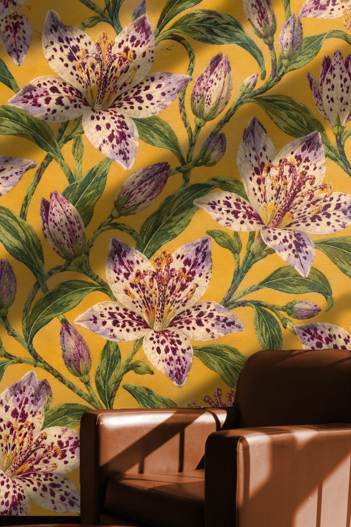 Close-up of Tricyrtis Speckled Rhapsody wallpaper showing detailed spotted lily flowers with purple and cream petals on yellow background