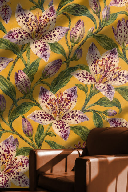 Close-up of Tricyrtis Speckled Rhapsody wallpaper showing detailed spotted lily flowers with purple and cream petals on yellow background