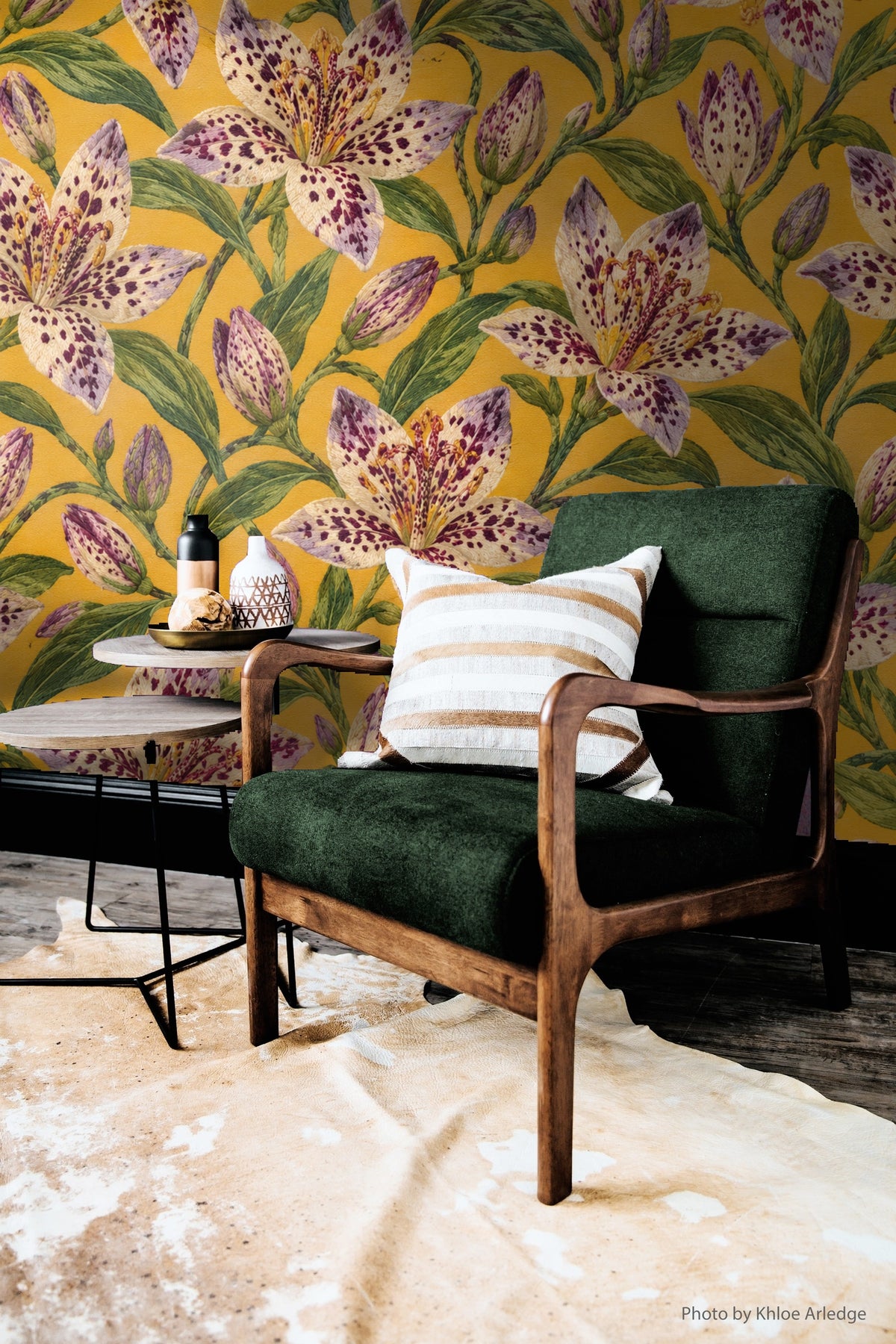 Canvas texture effect visible on warm yellow background of botanical wallpaper
