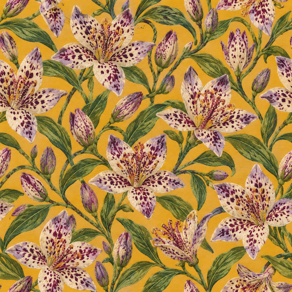 Pattern repeat showing arrangement of blooming spotted lilies and pointed leaves on wallpaper