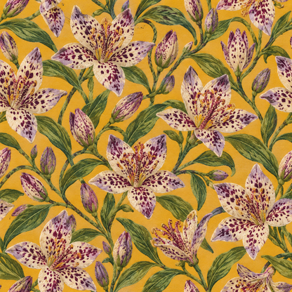 Pattern repeat showing arrangement of blooming spotted lilies and pointed leaves on wallpaper