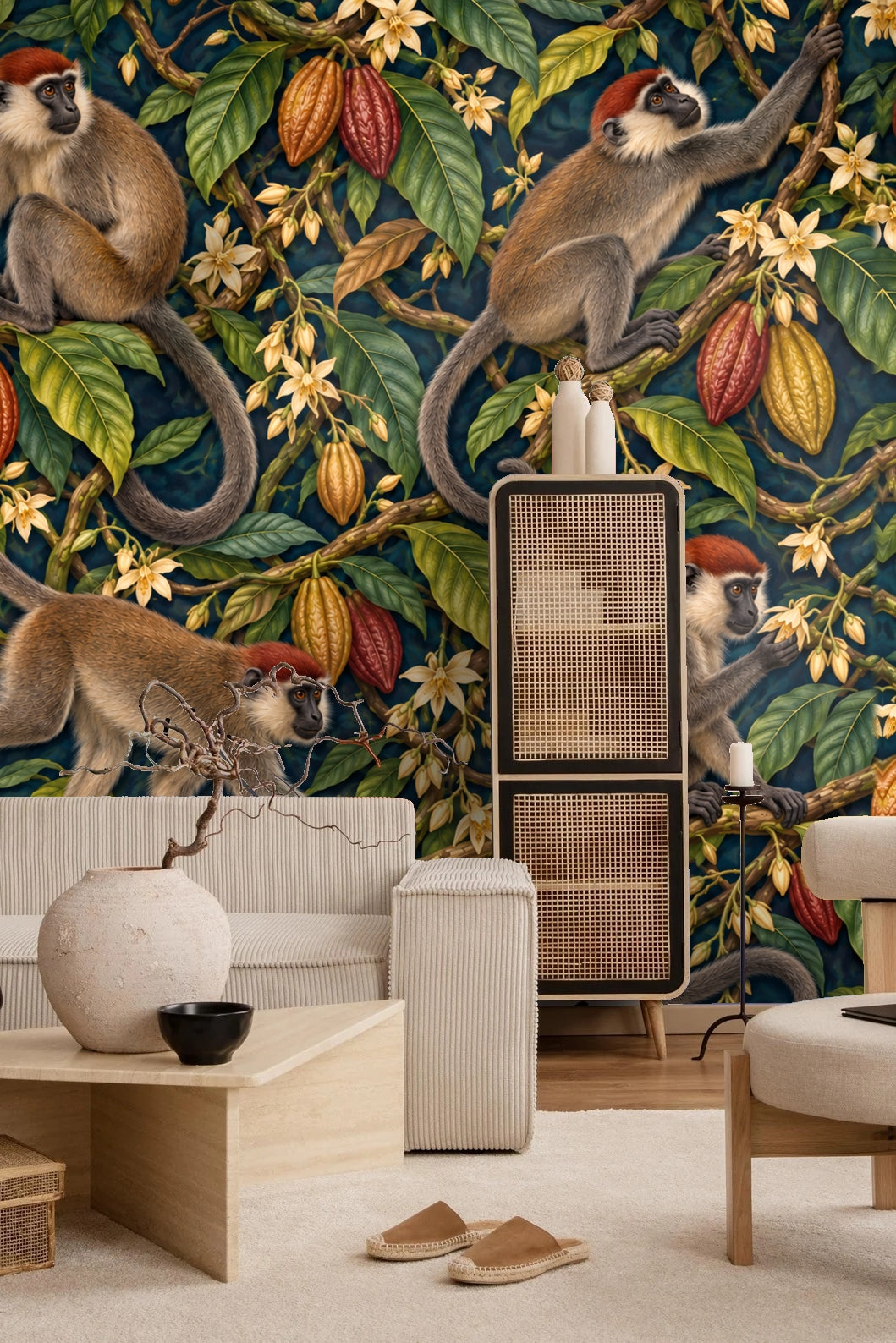 Mangabey Cocoa Lianas wallpaper shown in an interior setting