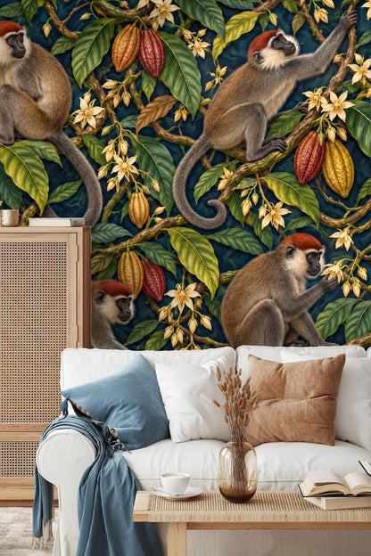 Close-up scene showing hand interacting with wallpaper pattern of mangabey monkeys and cocoa plant