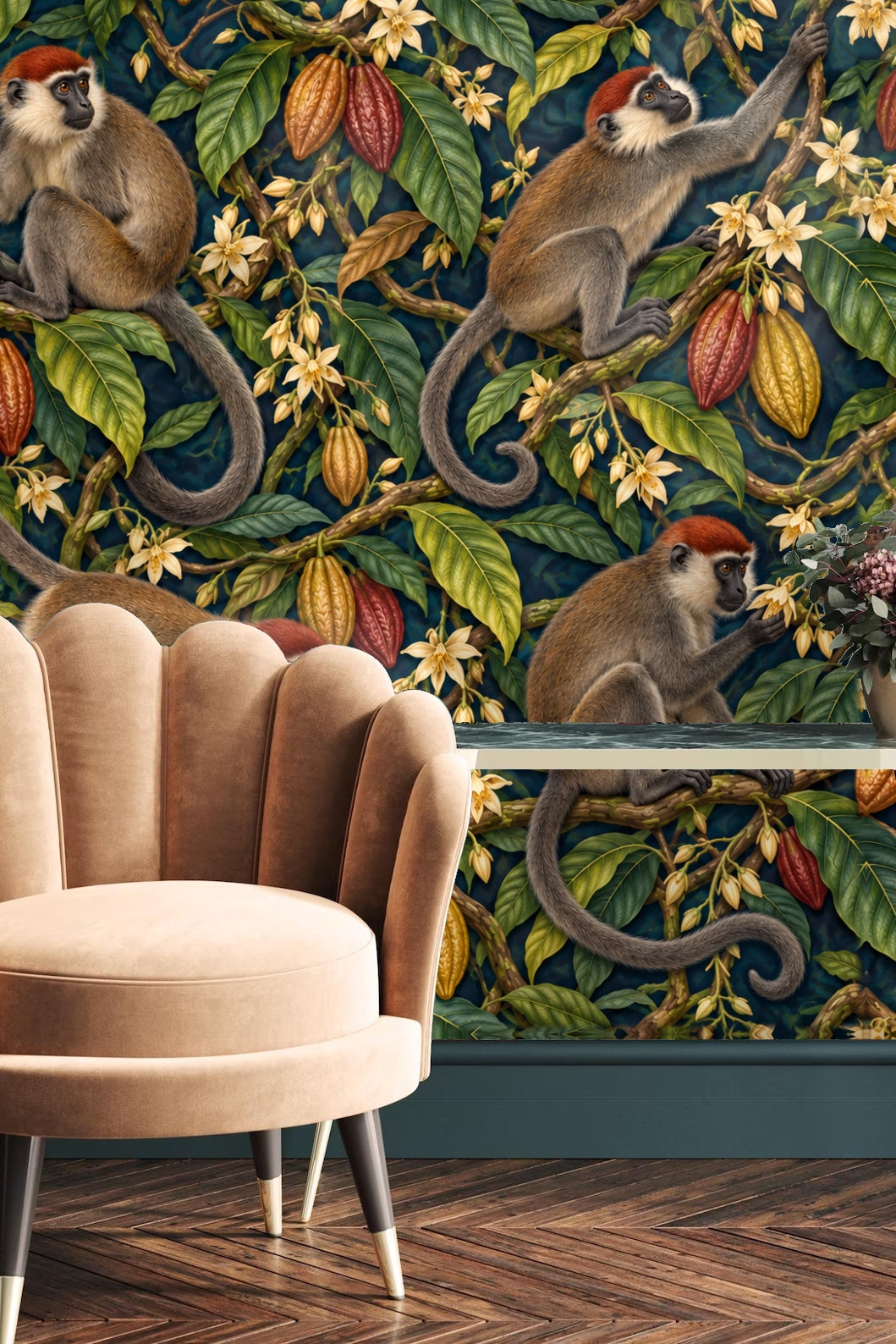 Wallpaper featuring mangabey monkeys amid cocoa pods and leaves on dark blue background