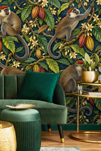 Mangabey Cocoa Lianas wallpaper shown in an interior setting