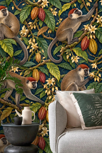 Mangabey Cocoa Lianas wallpaper shown in an interior setting
