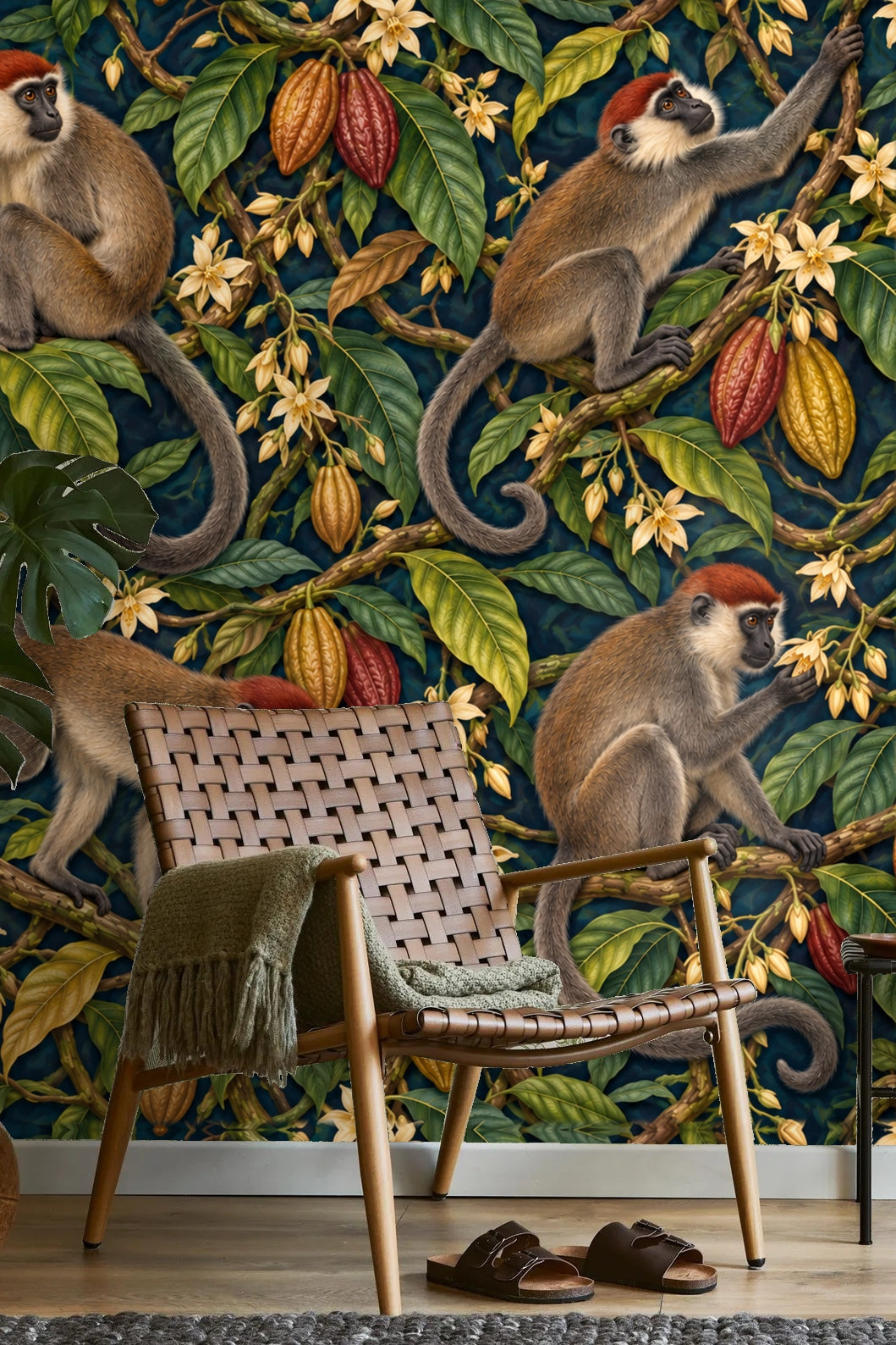 Mangabey Cocoa Lianas wallpaper shown in an interior setting