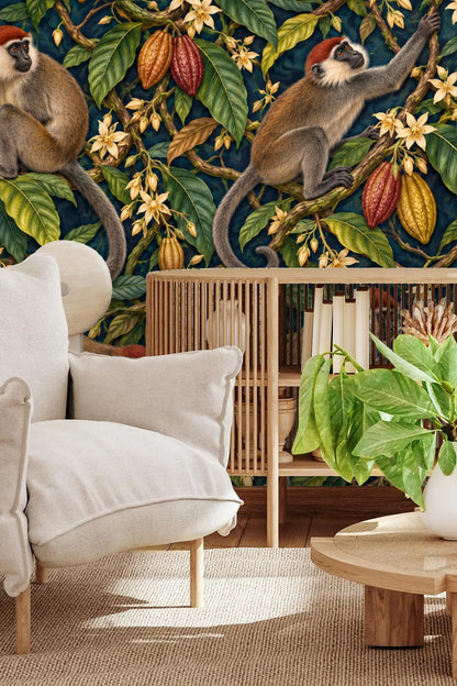 Mangabey Cocoa Lianas wallpaper shown in an interior setting