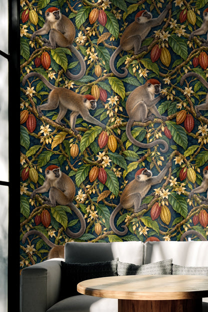 Mangabey Cocoa Lianas wallpaper shown in an interior setting