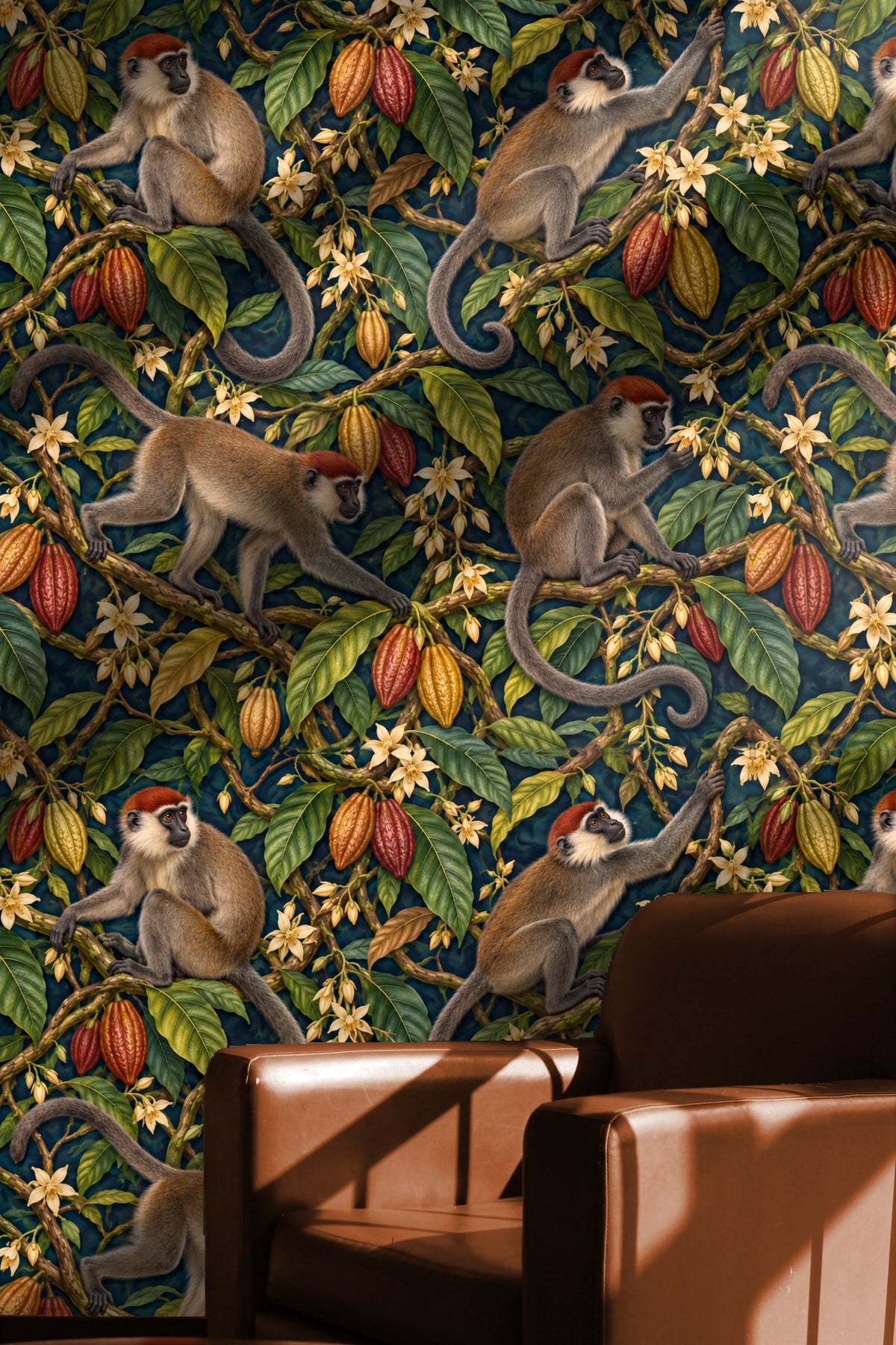 Mangabey Cocoa Lianas wallpaper shown in an interior setting