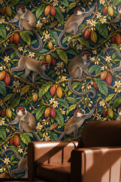 Mangabey Cocoa Lianas wallpaper shown in an interior setting