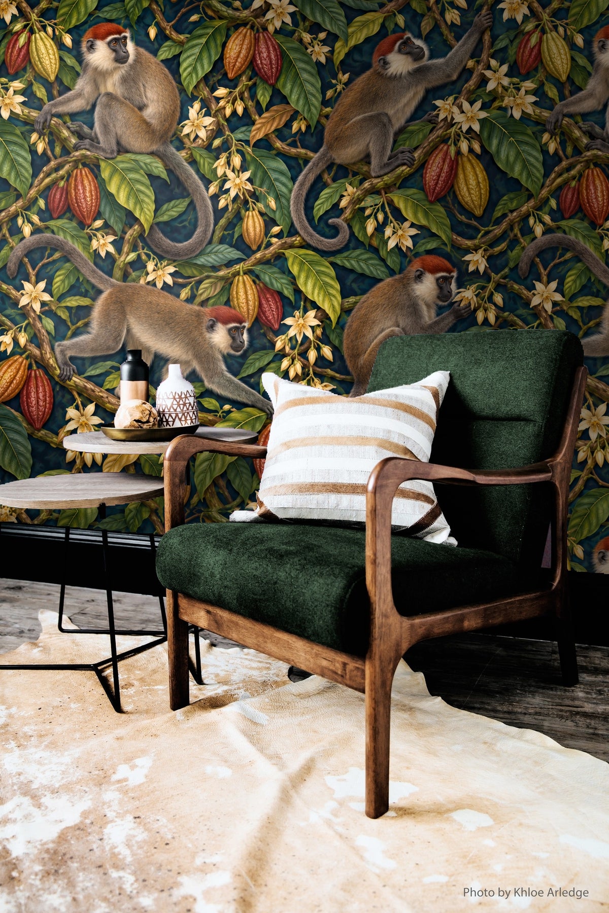 Mangabey Cocoa Lianas wallpaper shown in an interior setting